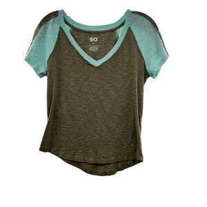 So Women's V-Neck Short Sleeve Top Green/Turquoise Size Small